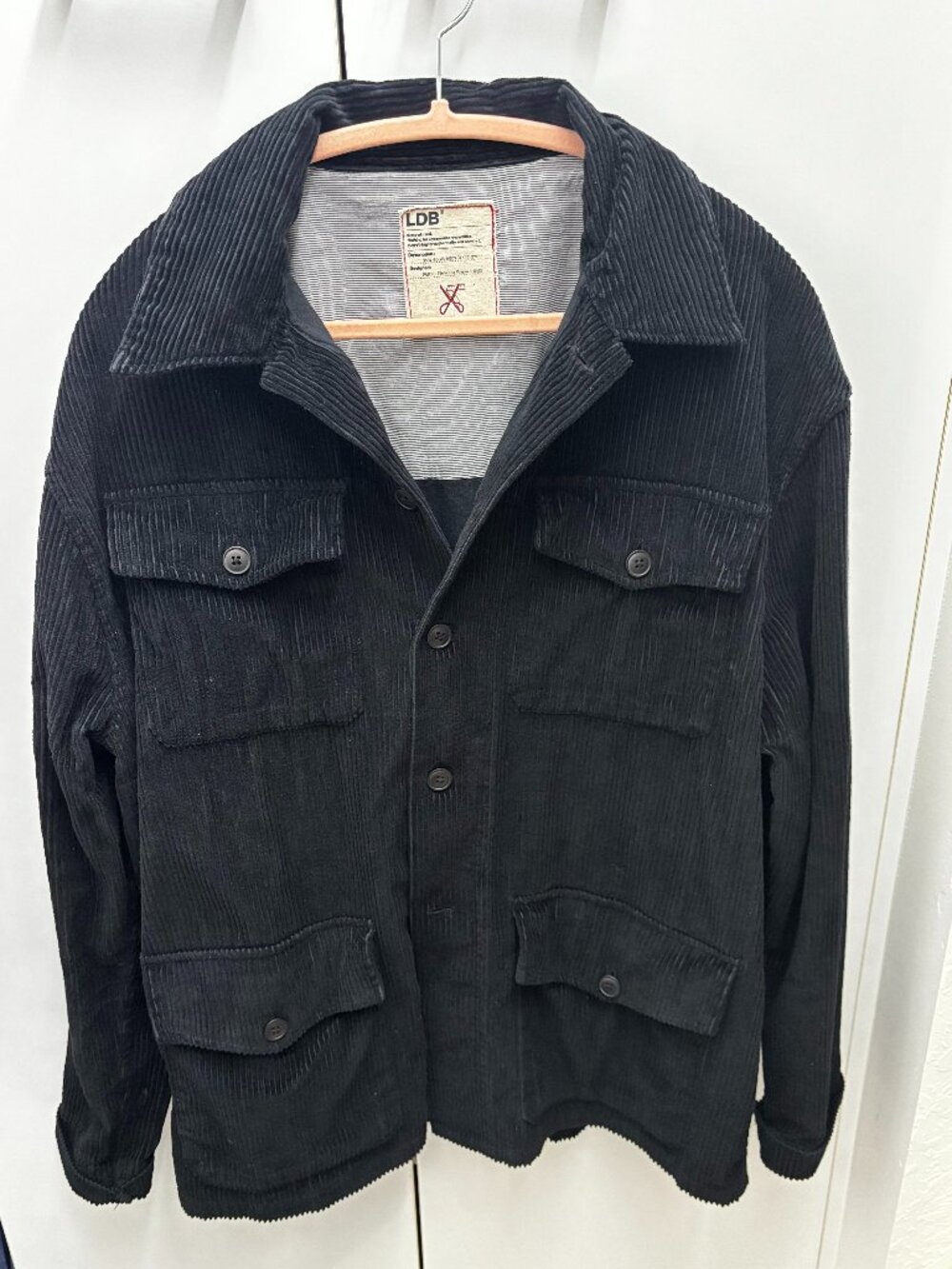 LDB Paris Men’s Black Corduroy Button-Front Field Jacket - Size L